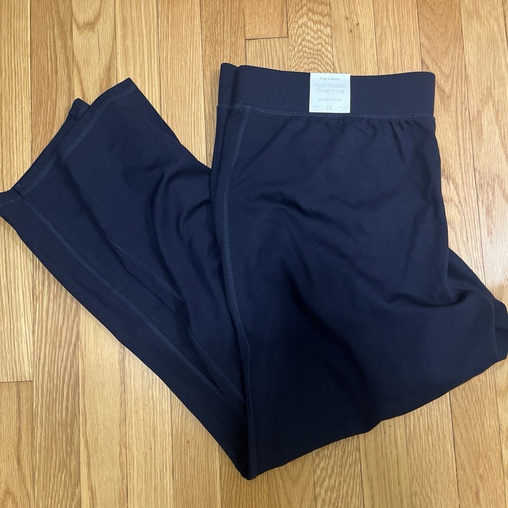 T By TALBOTS Women Navy TECH STRETCH STRAIGHT PULL-ON Pant Mid Rise Full Length